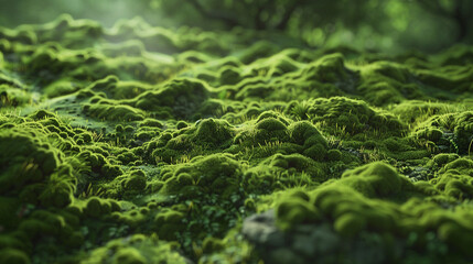 A lush green field of moss and grass. The image has a serene and peaceful mood, with the green color of the moss and grass creating a calming atmosphere. 