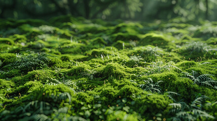 A lush green field of moss and grass. The image has a serene and peaceful mood, with the green color of the moss and grass creating a calming atmosphere. 