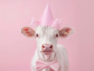 A white cow with a pink hat and a pink bow tie. The cow is wearing a necklace and has a pink bow on its head