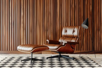 Retro Chic Mid-Century Modern Living Room with Eames Lounge Chair, Geometric Rug, and Blank Canvas Mockup by Wood Paneling Wall