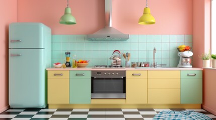 Fototapeta premium Nostalgic Retro Kitchen with Pastel Colored Cabinets and Vintage Decor, Mockup Poster, Formica Countertop, Checkered Floor