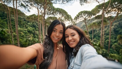 Naklejka premium two women taking a selfie in the forest