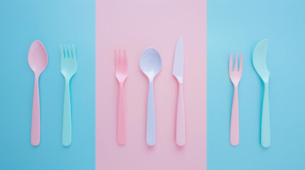 A playful collection of pastel-colored plastic cutlery is arranged vertically, creating a charming and cheerful visual against a pink and blue backdrop.