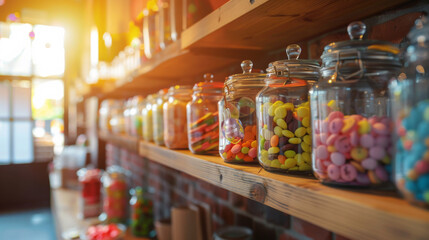 Vibrant candy jars line wooden shelves, glowing in warm sunlight inside a cozy, rustic sweet shop.