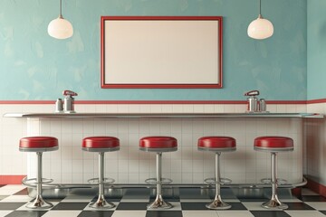 Retro 1950s Diner Kitchen with Red Vinyl Bar Stools and Checkered Floor, Blank Poster for Menu Display