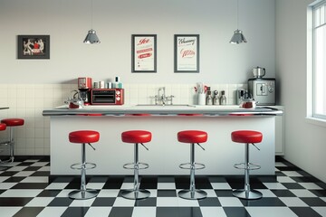 Retro 1950s Diner Kitchen with Red Vinyl Bar Stools and Chrome Countertop, Blank Poster Mockup for Menus - Vintage Restaurant Design Concept