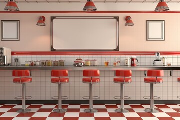 Retro 1950s Diner Kitchen with Red Vinyl Bar Stools and Checkered Floor, Blank Poster for Menu Display