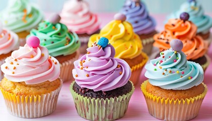 Colorful cupcakes on display for sale at a market stall