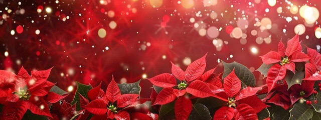 Poinsettias on blurred christmas background.