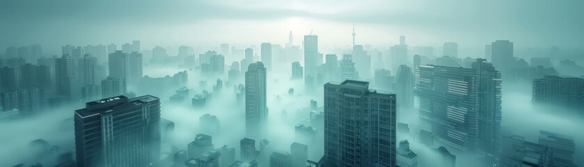 Naklejka premium A city skyline is covered in fog, giving the impression of a desolate and eerie atmosphere. The buildings are tall and dark, with the fog obscuring their outlines. The sky is cloudy and overcast