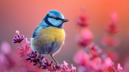 Fototapeta premium Small blue tit bird with yellow breast perched on branch with purple flowers enjoying a colorful sunset