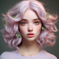 Fototapeta premium Girl with pink, purple hair, makeup, hair, skincare, beauty concept