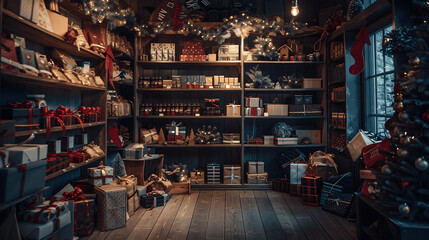 Holiday gift shop with wrapped presents and festive ambiance