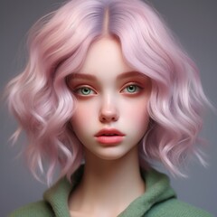 Fototapeta premium Girl with pink, purple hair, makeup, hair, skincare, beauty concept