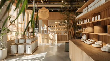 Eco-friendly lifestyle store with solar-powered gadgets and bamboo products