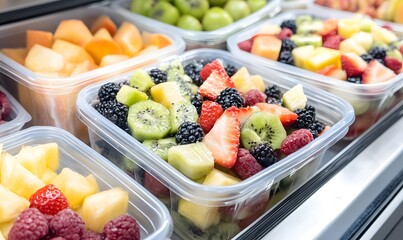 Prepackaged fruit salads in plastic containers displayed, Generative AI