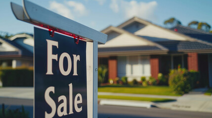 Pole with "For Sale" sign against blurred background of modern country house