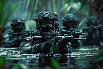 Fototapeta premium Tactical Soldiers Wading Through Water