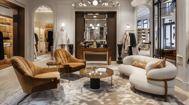 Elegant boutique with high-end fashion and cozy seating area