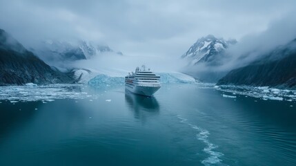 In Alaska, USA, a cruise ship is sailing toward Johns Hopkins Glacier in Glacier Bay. Overlooking the summertime scenery.