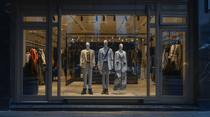 Elegant storefront with stylish mannequins and evening lighting