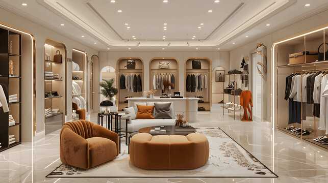 Elegant retail space with designer apparel and contemporary furnishings