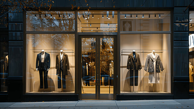 Elegant storefront with stylish mannequins and evening lighting