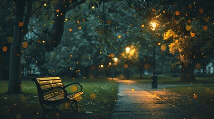 Lonely Bench in a Park at Night