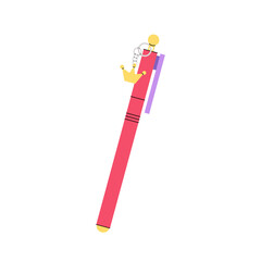 Stationery. Pink pen with crown keyring. Flat style biros on a white background. School or office stationery.