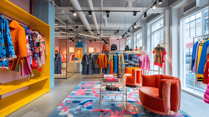 Fashion retail space with vibrant colorful clothing and contemporary racks