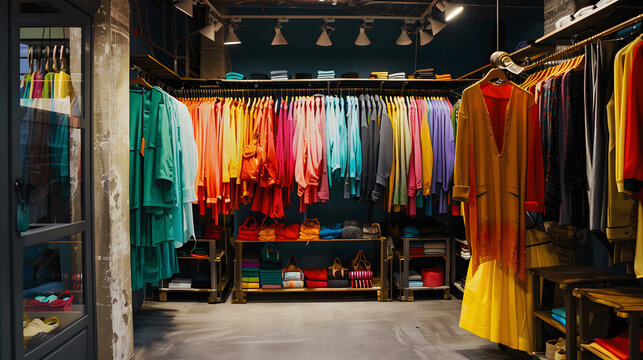 Fashion retail space with vibrant colorful clothing and contemporary racks