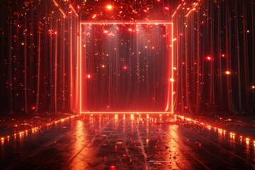 Triumphant Celebration: A "WINNER" Banner Design in Red and Gold with Confetti and a Luminous Frame on a Stage Curtain Background.