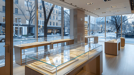High-end jewelry store with sophisticated window display and sparkling gems