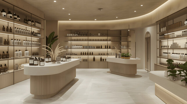 High-end store with premium skincare products and minimalist shelves