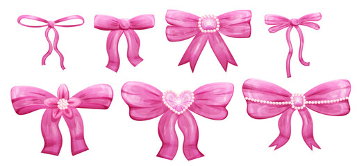 Set of pink hair bow and ribbon with pearls. Vector illustration