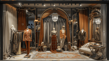 Luxury fashion store with elaborate window display and designer clothing