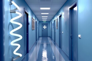 Modern hospital corridor with blue lighting clean and organized healthcare facility vector illustration