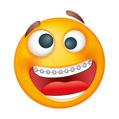 Smiling emoji with dental teeth braces. Emoticon on white background. Cute emoticon