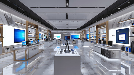 Modern electronics store with sleek displays and latest gadgets