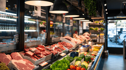 Modern supermarket with organized meat section and fresh cuts