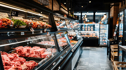 Modern supermarket with organized meat section and fresh cuts