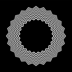 Abstract Circular Concentric Zig Zag Lines White Pattern for Decorative Round Frame on Black Background.