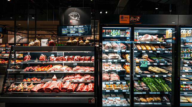 Modern supermarket with organized meat section and fresh cuts