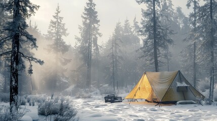 21. Snow Camping, realistic style, earth tones, nature-inspired pattern, medium shot, natural light, fog,