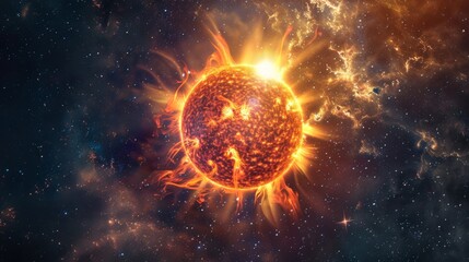 Obraz premium Powerful Sun in space close up. Burning star with plasma emissions in the starry sky. The Sun star in the solar system