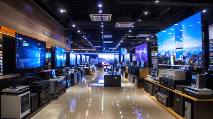 Spacious electronics shop with large screen TVs and sound systems