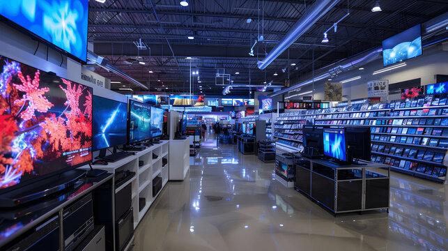 Spacious electronics shop with large screen TVs and sound systems