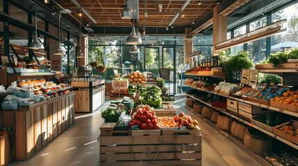 Obraz premium Sustainable market with organic produce and reusable bags