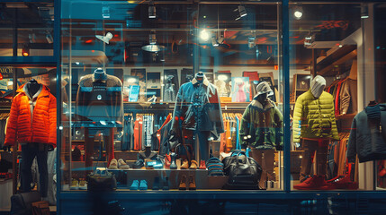 Fototapeta premium Trendy clothing store with vibrant displays and stylish mannequins