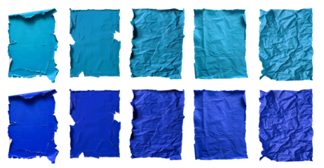 Collection set of dark light blue crushed wrinkle scrunch torn rectangle A4 paper, old tear crumple rip edges on transparent cutout, PNG. Many different design. Mockup template artwork graph